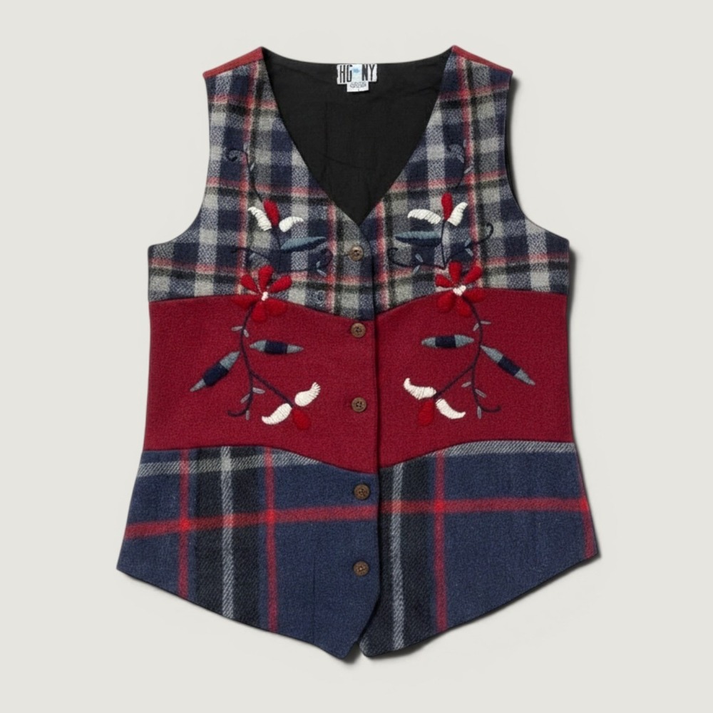 HG NY VTG Plaid 100% Wool Vest Embroidered Floral‎ Red Blue Women's Size S